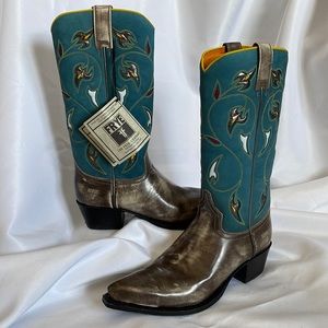 Frye Prairie Flower Grey & Turquoise Leather Western Cowboy Boots 77470 Spain